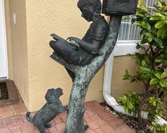 Original Cast Bronze " Boy Reading Book in Tree with Boy Reading, Dog, Mail Box "Signed by Leonardo Rossi 1997-99. Asking $7000.- obo
