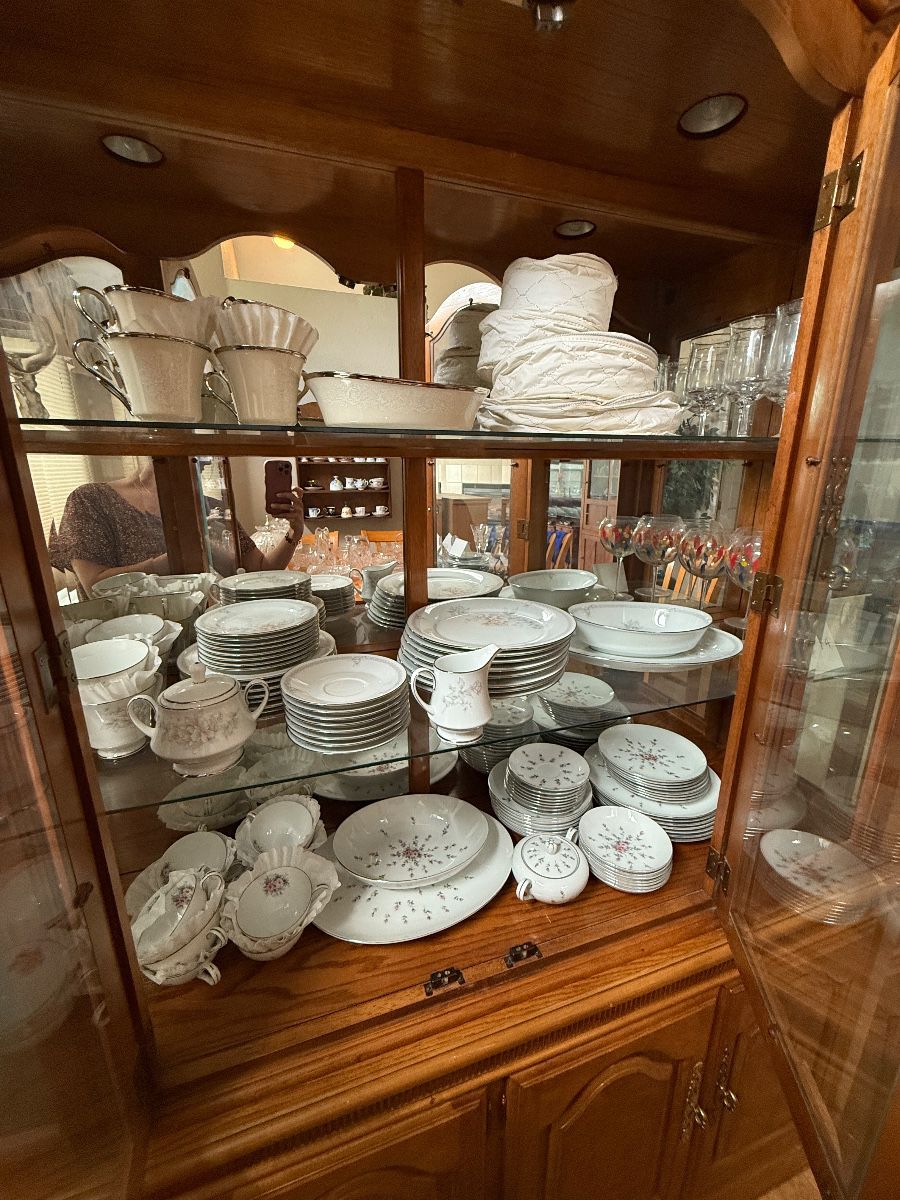 Fine china galore! Multiple vintage china sets and patterns including Noritake, Spode, Harmony House, Lenox & more — dinnerware, serving pieces, cups & saucers and coordinating accessories.