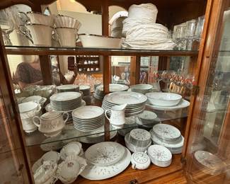 Fine china galore! Multiple vintage china sets and patterns including Noritake, Spode, Harmony House, Lenox & more — dinnerware, serving pieces, cups & saucers and coordinating accessories.