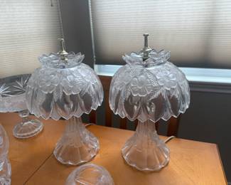 Vintage Matching Glass Table Lamps — Pair ✨ Ornate pressed-glass floral shades with raised flowers, leaf detailing and matching glass pedestal bases. Gorgeous vintage accent lamps and a beautiful matching set.