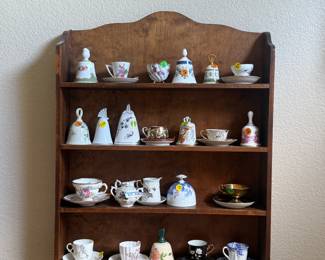 Large collection of vintage & collectible china and porcelain featuring Shelley, Spode, Haviland Limoges, Noritake, Gorham, Franciscan, Danbury Mint, Fukagawa, Kaiser, Bareuther Bavaria, Norcrest, Harmony House and more — including miniature teacups, saucers, porcelain bells, floral china and unique collectible pieces.