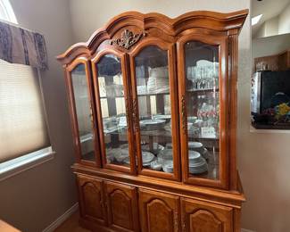 China, Crystal & Dining Furniture 🍽️✨ Large wood china cabinet filled with china, serving pieces, crystal and glassware. Multiple dinnerware sets and coordinating pieces available.