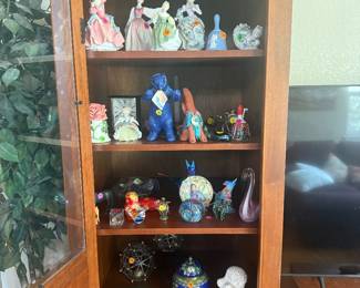 Curio Cabinet Filled with Collectible Figurines, Art Glass & Decorative Pieces