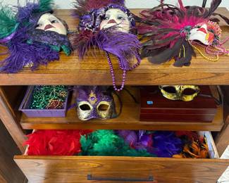 Colorful Mardi Gras Collection — Signed Feathered Masks, Decorative Wall Masks, Beads & Accessories