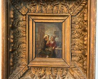 SMALL PORCELAIN PAINTED ANTIQUE HEAVILY FRAMED 