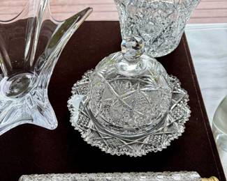 AMERICAN BRILLIANT COVERED BUTTER DISH, CUT CRYSTAL LARGE PURFUME BOTTLE, VASE WITH GEOMETRIC SHAPE