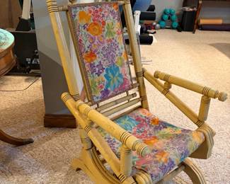 VINTAGE WOODEN PLATFORM ROCKING CHAIR WITH TAPESTRY