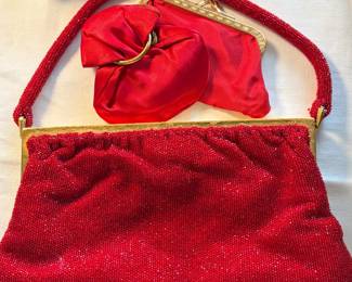 RED MID CENTURY MICRO-BEADED EVENING BAG PURSE - FRANCE