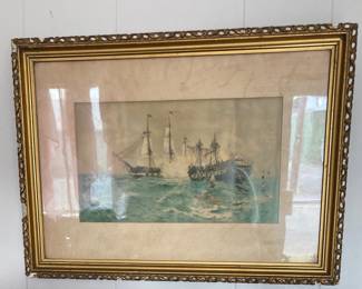 Old framed ship picture wavy glass 17x23