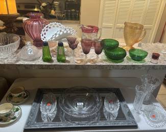 Forest green glassware, amethyst stemware, Iris and herringbone water pitcher, milk glass banana plate   