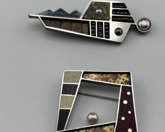 Susan Kinzig vintage brooches sterling, enamel and pearl