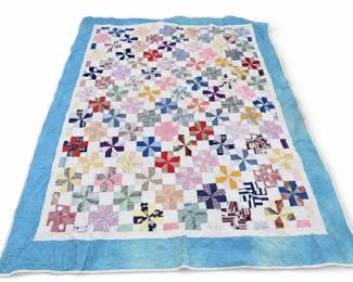 Blue-Bordered Patchwork Quilt Handmade