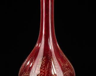Ruby Red w Gold Etched Leaves Glass Vase
