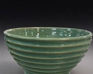 Green Ribbed Ceramic Pottery Bowl