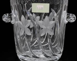 Etched Floral Handled Glass Ice Bucket