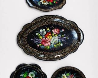 Black Floral-Painted Trays And Plates