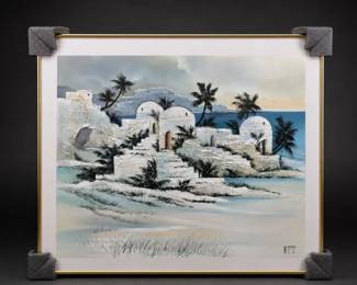 Framed Coastal Village Landscape Painting