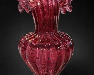 Murano Glass Vertical-Ribbed Ruffled-Rim Vase