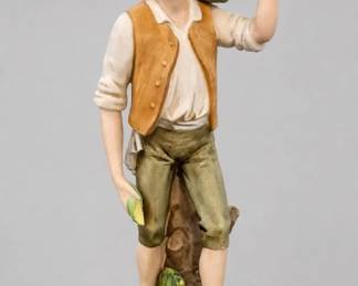 Painted Figural Boy Figurine Carrying A Leaf Base