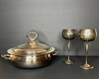 F.B. Rogers & Primose EP Brass Covered Casserole Dish and Goblets