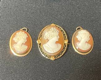14k Gold Vintage Shell Cameo Brooch and Pendants