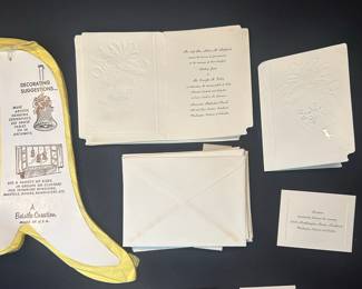 1955 Wedding Invitation Suite and Beistle Paper Bell, Vtg Ephemera