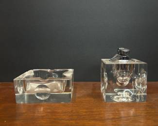 Crystal Glass Cube Lighter and Ashtray Vtg