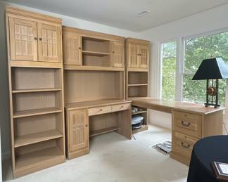 Modular Light Oak Home Office Wall Unit with Hutch and Storage Towers