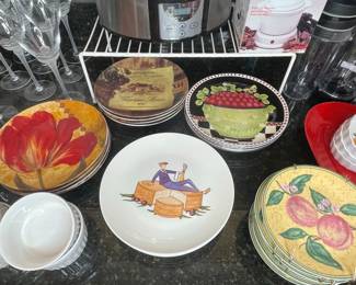 Assorted Decorative Plates with Fruit, Wine, and Botanical Motifs
