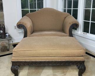 Victorian Revival Carved Wood Armchair and Ottoman