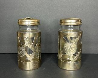 Vintage Alpaca Mexican Silver Overlay Glass Shakers