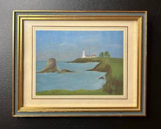 Vintage Lighthouse Coastal Landscape Painting