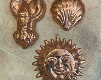 Vintage Copper Jello Molds - Lobster, Scallop Shell, and Sun Face
