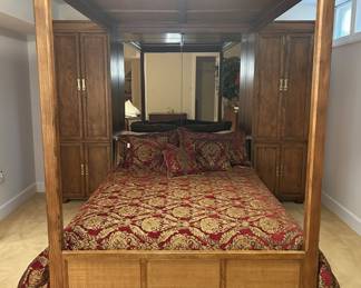 Vintage Henredon Artefacts Oak Canopy Bed with Cane Panels