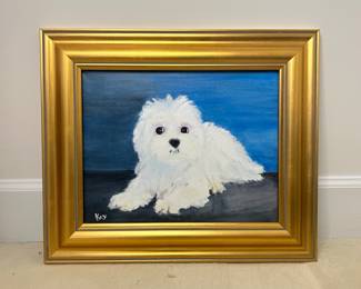 Original Oil Painting of Bichon Frise in Ornate Gold Frame