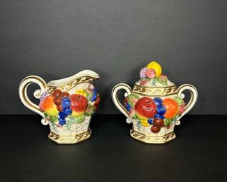 Fitz and Floyd Venezia Fruit Pattern Creamer and Sugar Bowl Set