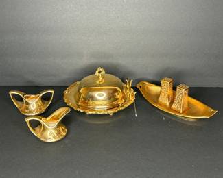 Vintage Gold Lustre Creamer, Sugar Bowl, and Salt & Pepper Set with Tray