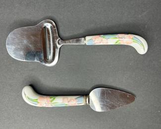 Vintage Prill Sheffield Floral Porcelain Handled Cheese Slicer & Spreader Set