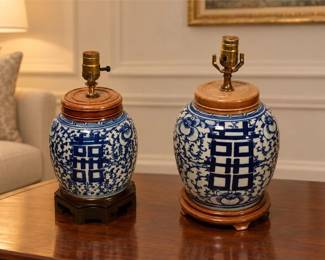 Two (2) Double Happiness Vintage Blue & White Porcelain Ginger Jars