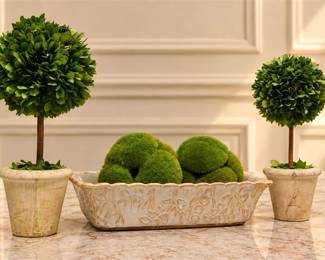 Five Boxwood Topoary Trees & Decorative Moss Ball/Tray