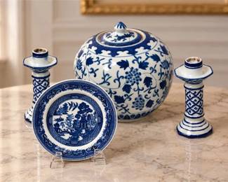 Four (4) Buffalo China Blue & White Ceramic Pieces
