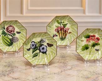 Four (4) Octagonal Glass Decoupage Decorative Plates