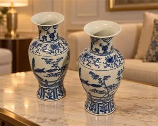 Pair of Chinese Blue & White Porcelain Baluster Vases