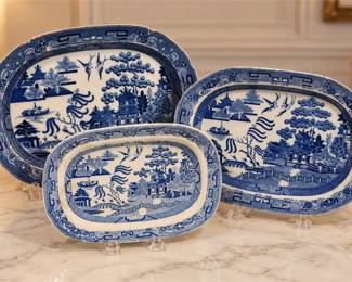 Three (3) Vintage Willow Oval Pattern Transferware