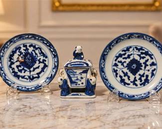 Three (3) Blue & White Chinese Porcelain Dish & Central Lidded Censer