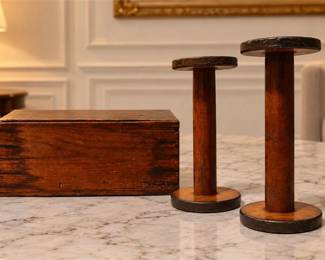 Three (3) Vintage Industrial Wooden Textile Spools & Storage Box