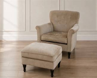 Beige Velvet Accent Armchair & Beige Upholstered Footstool