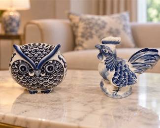 Two (2) Blue White Ceramic Owl & Rooster Figurines