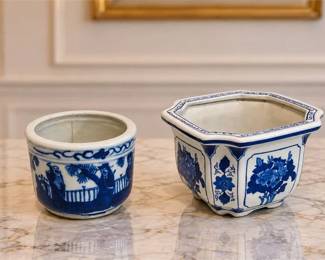 Two (2) Blue & White Ceramic Flowerpots