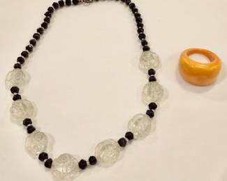 Vintage Peking Glass Necklace and Bakelite Dome Ring